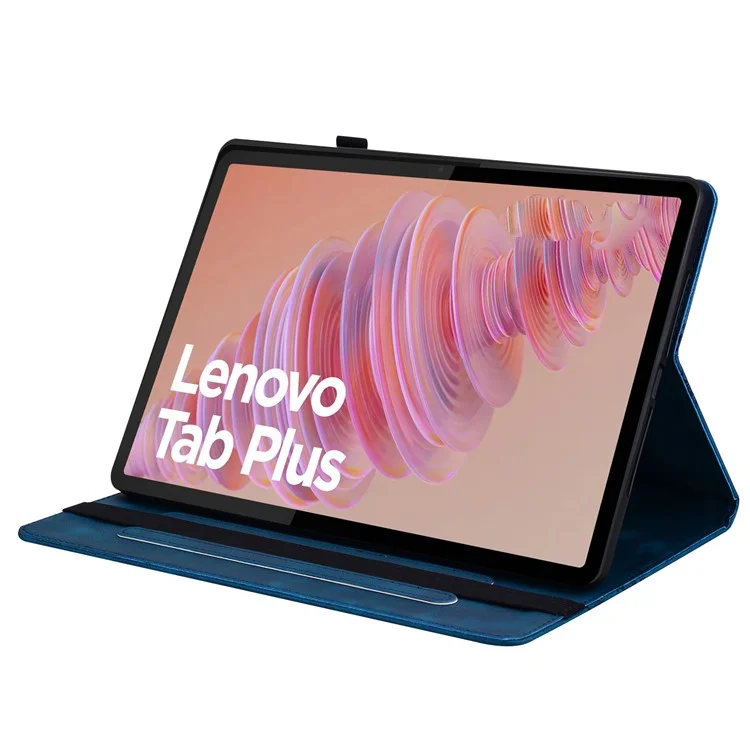For Lenovo Tab Plus Leather Case Heart Imprint Foldable Stand Card Slot Stylus Holder Tablet Cover - Blue