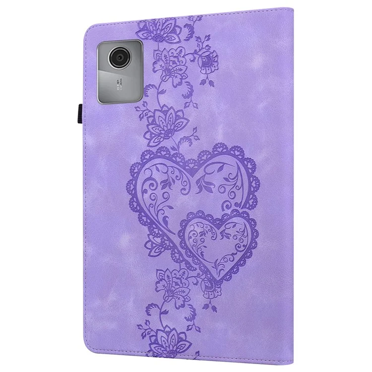 For Lenovo Tab M11 (TB-330FC)  /  Xiaoxin Pad 11 2024 (TB-331FC) Leather Case Heart Imprint Foldable Stand Card Slot Stylus Holder Tablet Cover - Purple