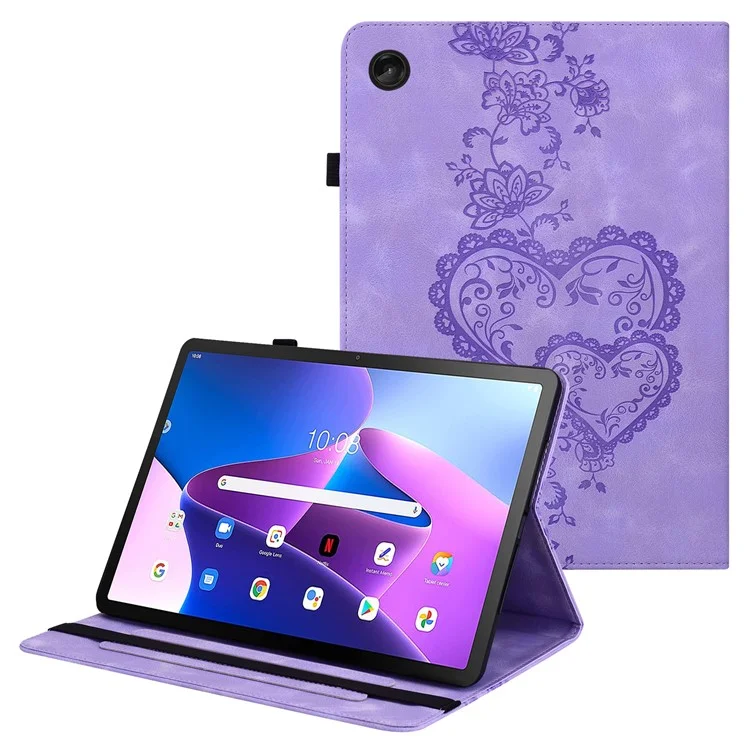 Étui en cuir pour Lenovo Tab M10 Plus (3e génération) avec motif de cœur, support pliant, emplacement pour carte, porte-stylet - Violet