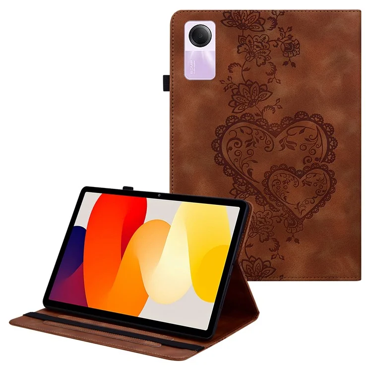 For Xiaomi Redmi Pad SE Leather Case Heart Imprint Foldable Stand Card Slot Stylus Holder Tablet Cover - Brown