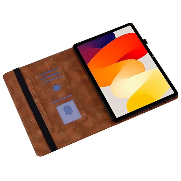 For Xiaomi Redmi Pad SE Leather Case Heart Imprint Foldable Stand Card Slot Stylus Holder Tablet Cover - Brown