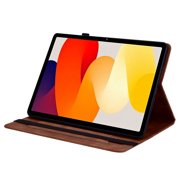 For Xiaomi Redmi Pad SE Leather Case Heart Imprint Foldable Stand Card Slot Stylus Holder Tablet Cover - Brown