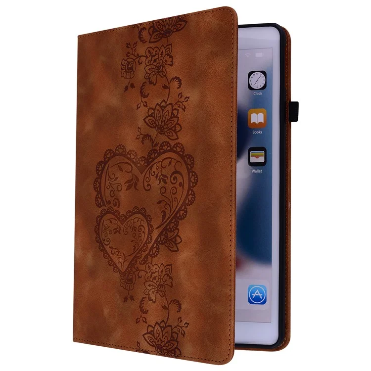 For Xiaomi Redmi Pad SE Leather Case Heart Imprint Foldable Stand Card Slot Stylus Holder Tablet Cover - Brown
