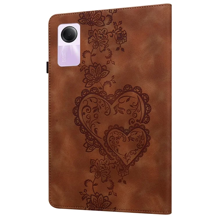 For Xiaomi Redmi Pad SE Leather Case Heart Imprint Foldable Stand Card Slot Stylus Holder Tablet Cover - Brown
