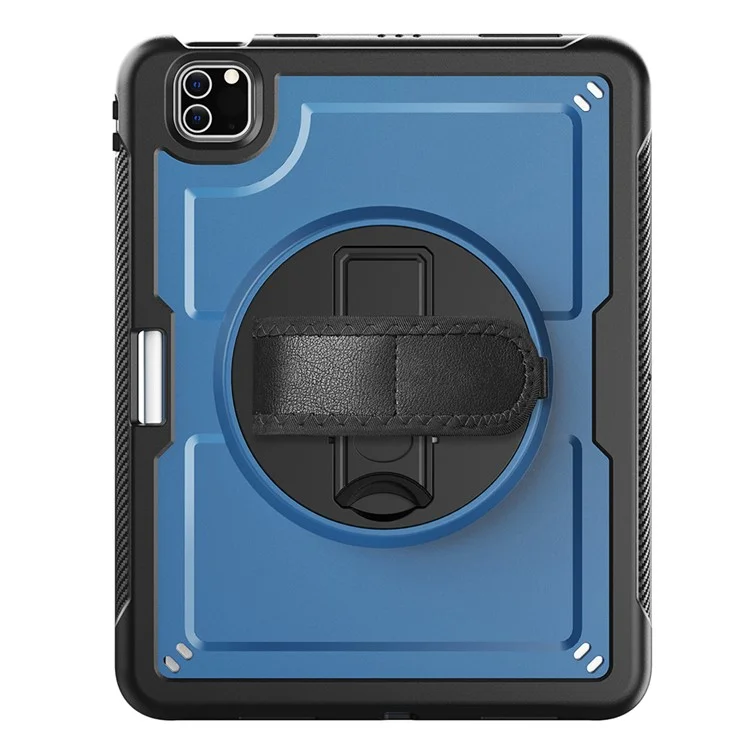 For iPad Pro 11 (2024) M4 A2836 Case Kickstand PC TPE Tablet Cover with Hand Strap - Navy Blue