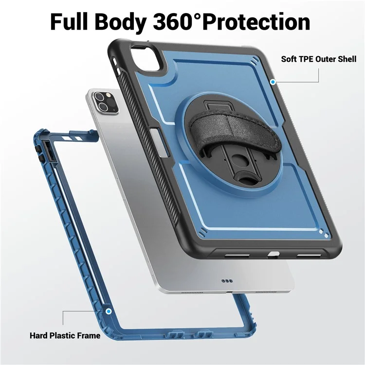 For iPad Pro 11 (2024) M4 A2836 Case Kickstand PC TPE Tablet Cover with Hand Strap - Navy Blue