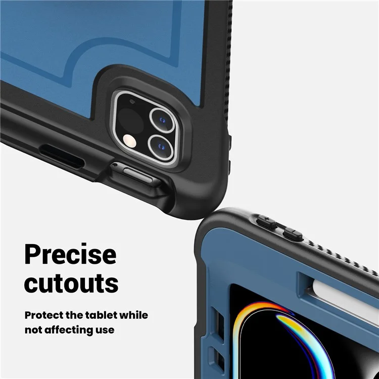 For iPad Pro 11 (2024) M4 A2836 Case Kickstand PC TPE Tablet Cover with Hand Strap - Navy Blue