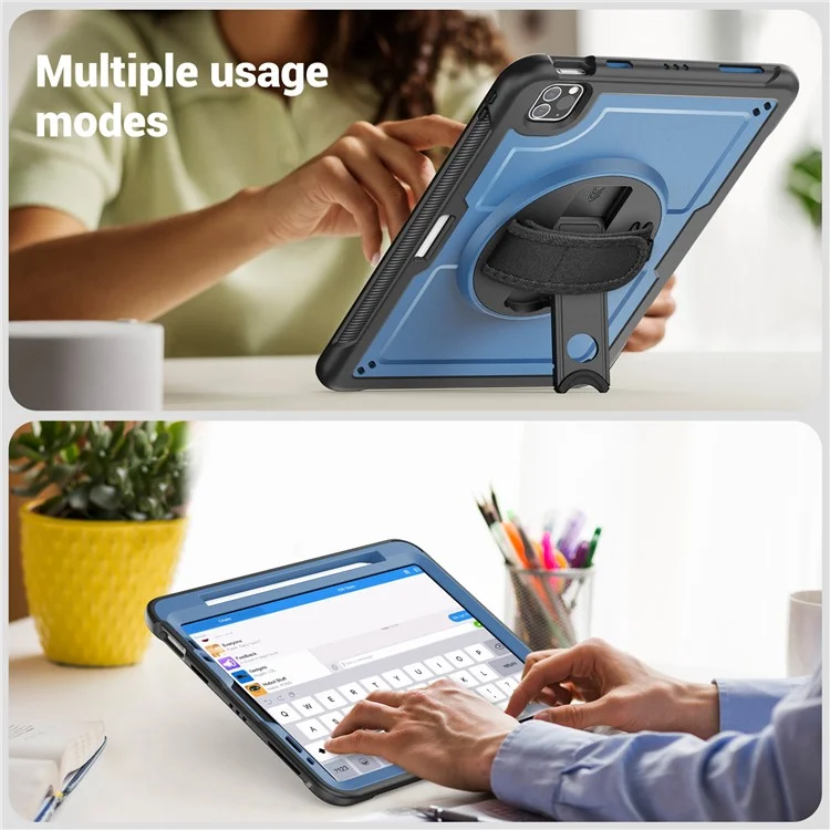 For iPad Pro 11 (2024) M4 A2836 Case Kickstand PC TPE Tablet Cover with Hand Strap - Navy Blue