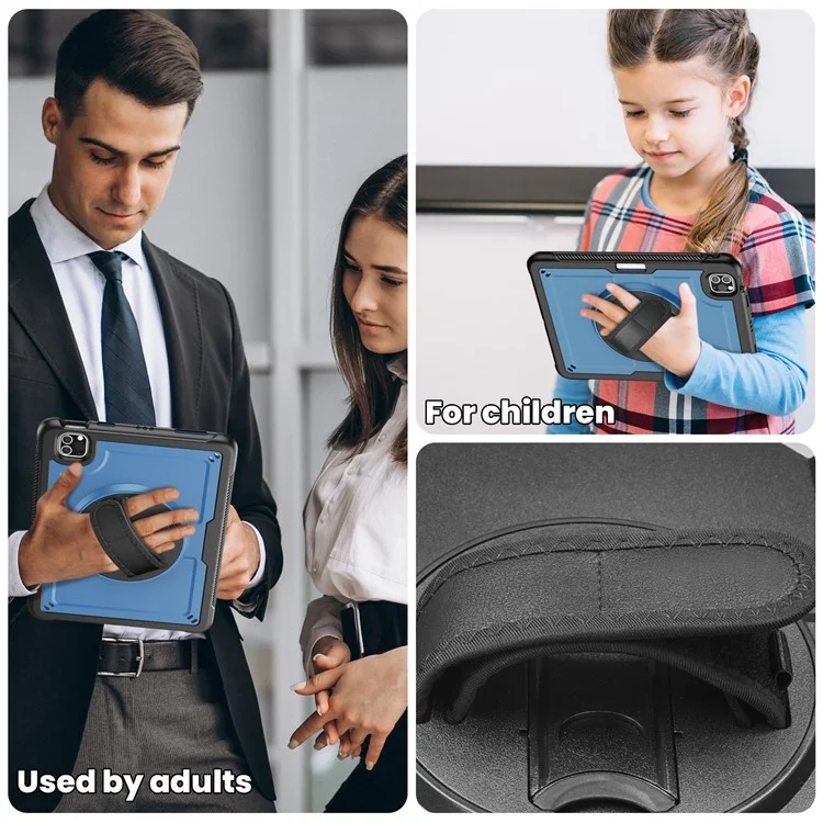 For iPad Pro 11 (2024) M4 A2836 Case Kickstand PC TPE Tablet Cover with Hand Strap - Navy Blue