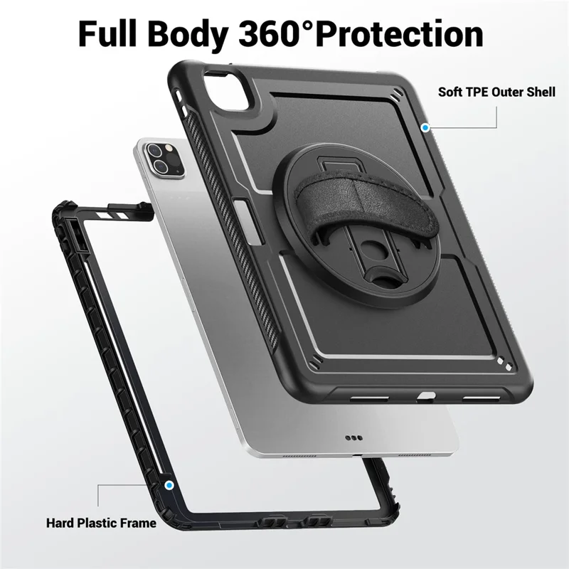 For iPad Pro 11 (2025) / 11 (2024) Case Kickstand PC TPE Tablet Cover with Hand Strap - Black