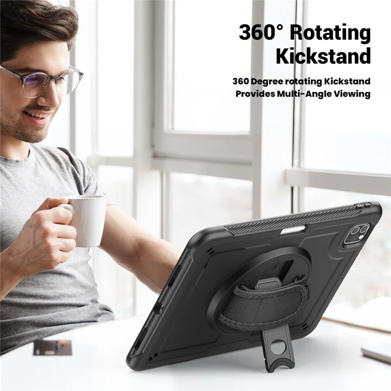 For iPad Pro 11 (2025) / 11 (2024) Case Kickstand PC TPE Tablet Cover with Hand Strap - Black