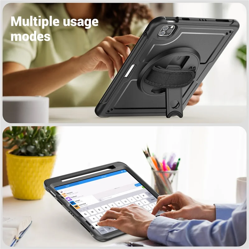 For iPad Pro 11 (2025) / 11 (2024) Case Kickstand PC TPE Tablet Cover with Hand Strap - Black