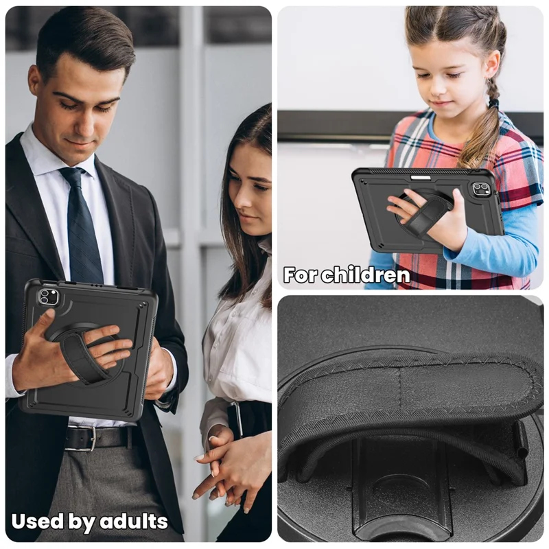For iPad Pro 11 (2025) / 11 (2024) Case Kickstand PC TPE Tablet Cover with Hand Strap - Black