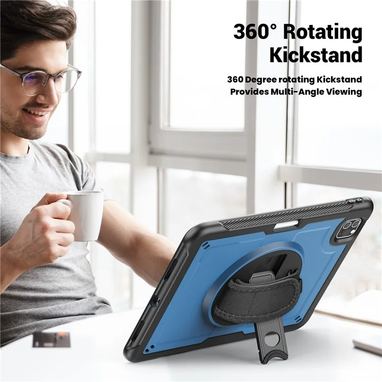 For iPad Pro 11 (2024) M4 A2836 Case Kickstand PC + TPE Tablet Cover with Hand Strap and Shoulder Strap - Navy Blue