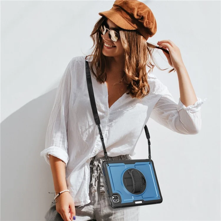 For iPad Pro 11 (2024) M4 A2836 Case Kickstand PC + TPE Tablet Cover with Hand Strap and Shoulder Strap - Navy Blue
