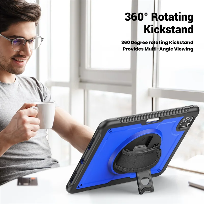 For iPad Pro 11 (2025) / 11 (2024) Case Kickstand PC + TPE Tablet Cover with Hand Strap and Shoulder Strap - Dark Blue