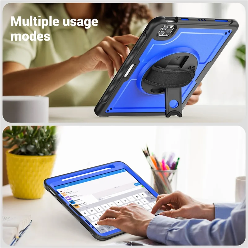 For iPad Pro 11 (2025) / 11 (2024) Case Kickstand PC + TPE Tablet Cover with Hand Strap and Shoulder Strap - Dark Blue
