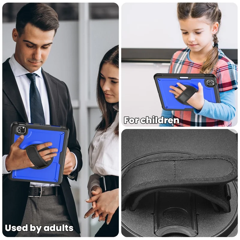 For iPad Pro 11 (2025) / 11 (2024) Case Kickstand PC + TPE Tablet Cover with Hand Strap and Shoulder Strap - Dark Blue