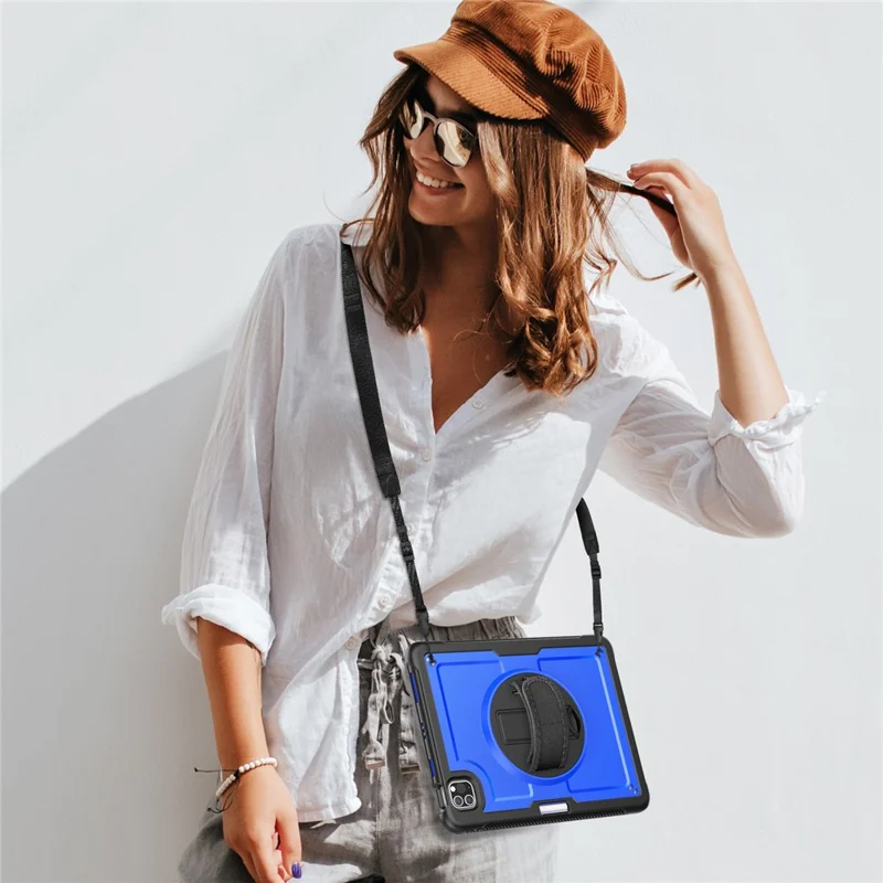 For iPad Pro 11 (2025) / 11 (2024) Case Kickstand PC + TPE Tablet Cover with Hand Strap and Shoulder Strap - Dark Blue
