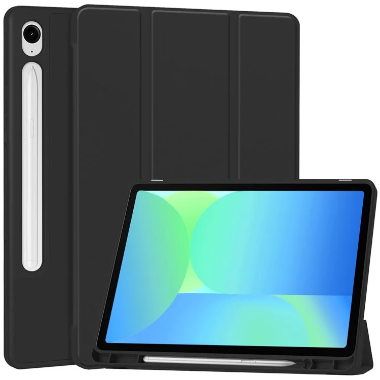 Für Samsung Galaxy Tab S10 FE Ständer Hülle Stoßfeste Ledertasche mit Stifthalter - Schwarz