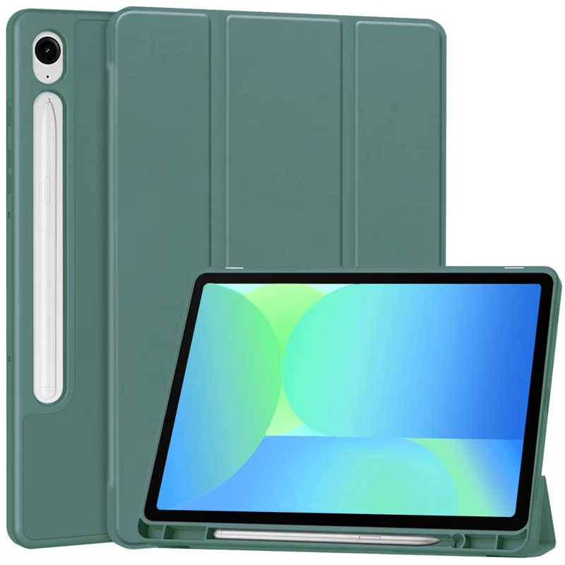 For Samsung Galaxy Tab S10 Lite / S10 FE / S9 FE Stand Case Shock-Absorbent Leather Tablet Cover with Pen Slot - Blackish Green