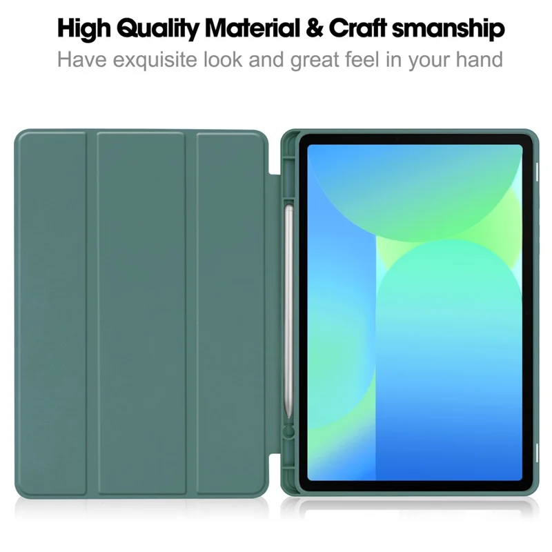 For Samsung Galaxy Tab S10 Lite / S10 FE / S9 FE Stand Case Shock-Absorbent Leather Tablet Cover with Pen Slot - Blackish Green