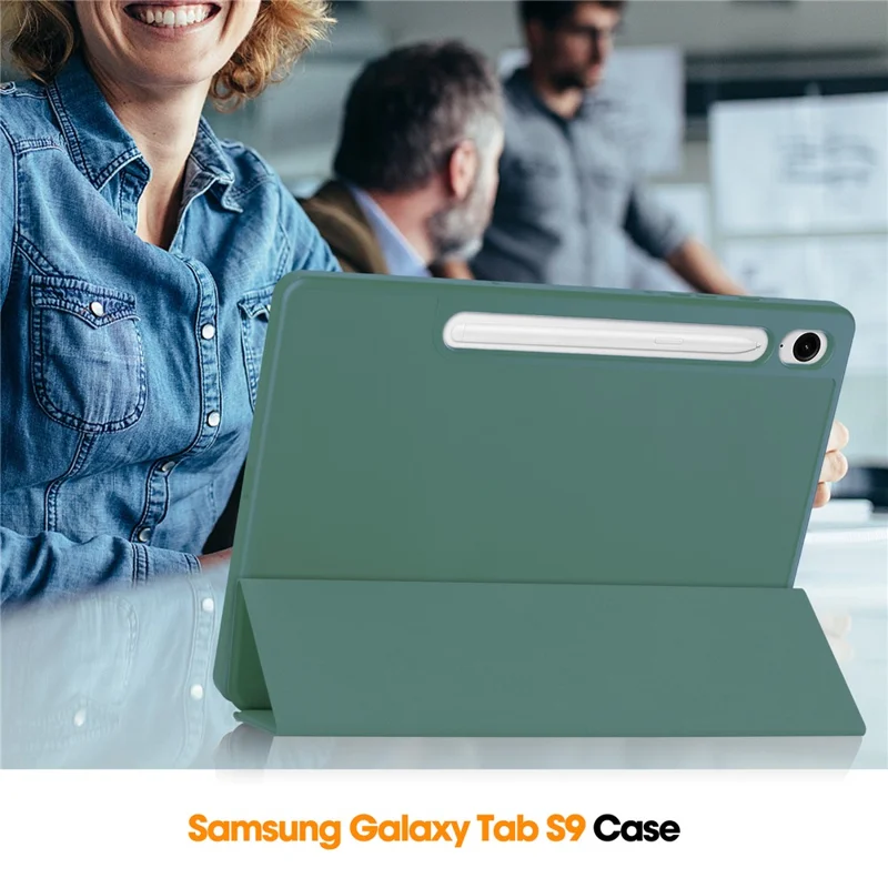 For Samsung Galaxy Tab S10 Lite / S10 FE / S9 FE Stand Case Shock-Absorbent Leather Tablet Cover with Pen Slot - Blackish Green