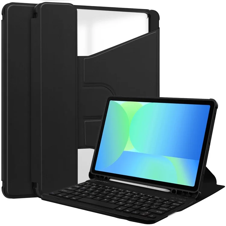 For Samsung Galaxy Tab S10 FE / S9 FE Case 360-Degree Rotary Stand PU Leather + Acrylic Tablet Cover with Keyboard - Black