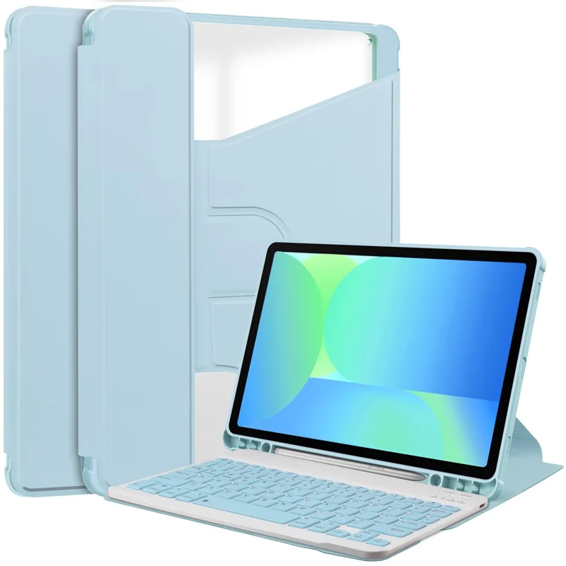 غطاء لجهاز Samsung Galaxy Tab S10 Lite / S10 FE / S9 FE مع حامل دوار 360 درجة من جلد البولي يوريثان + غطاء لوحي من الأكريليك مع لوحة مفاتيح - أزرق سماوي