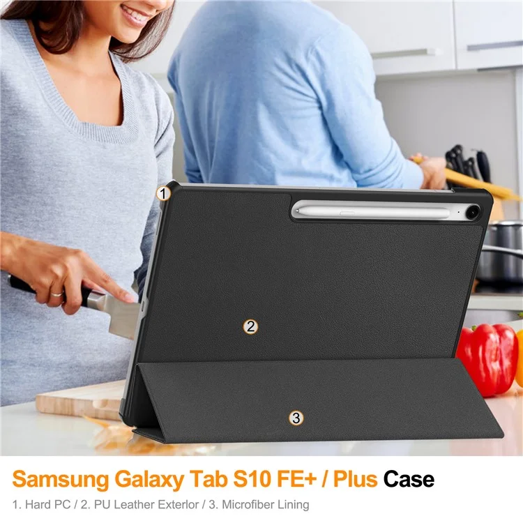 Für Samsung Galaxy Tab S10 FE+ Hülle Stoßfeste Lederhülle mit Ständer - Schwarz