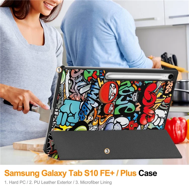 Étui pour Samsung Galaxy Tab S10 FE+ Motif Imprimé Housse de Tablette en Cuir avec Support - Graffiti