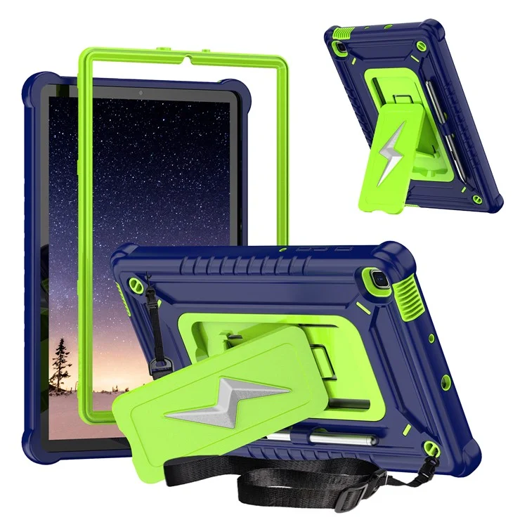 Tablet Case For Samsung Galaxy Tab S6 Lite (2024) P620 P625 / (2022) P613 P619 / (2020) P610 PC + Silicone Cover with Strap - Navy Blue + Yellowgreen