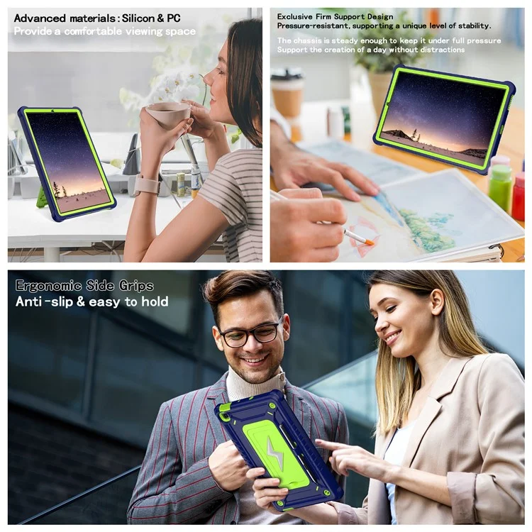 Tablet Case For Samsung Galaxy Tab S6 Lite (2024) P620 P625 / (2022) P613 P619 / (2020) P610 PC + Silicone Cover with Strap - Navy Blue + Yellowgreen
