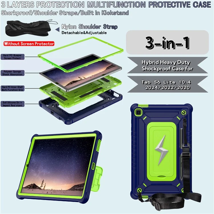 Tablet Case For Samsung Galaxy Tab S6 Lite (2024) P620 P625 / (2022) P613 P619 / (2020) P610 PC + Silicone Cover with Strap - Navy Blue + Yellowgreen