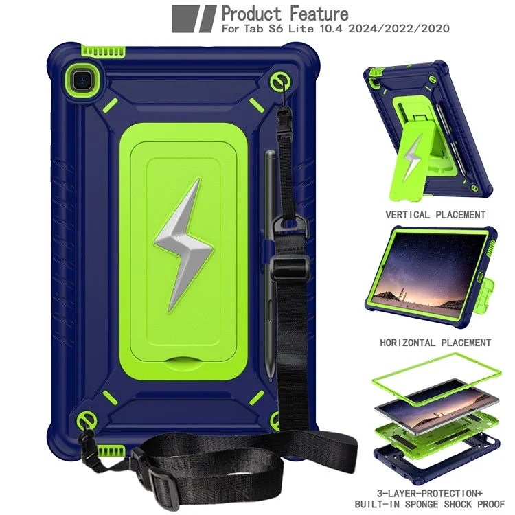 Tablet Case For Samsung Galaxy Tab S6 Lite (2024) P620 P625 / (2022) P613 P619 / (2020) P610 PC + Silicone Cover with Strap - Navy Blue + Yellowgreen