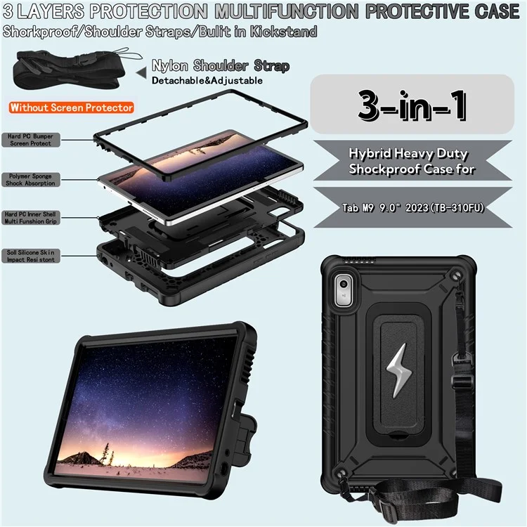 For Lenovo Nook 9 inch (2024) / Tab M9 TB-310FU TB-310FX Case Kickstand PC + Silicone Tablet Cover with Shoulder Strap - Black