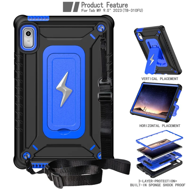For Lenovo Nook 9 inch (2024) / Tab M9 TB-310FU TB-310FX Case Kickstand PC + Silicone Tablet Cover with Shoulder Strap - Black + Blue