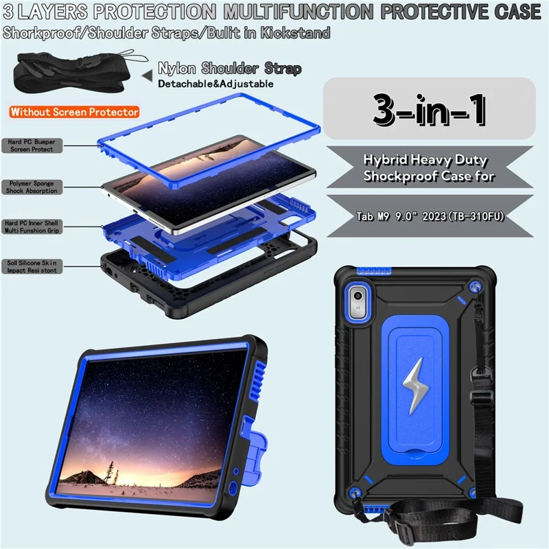 For Lenovo Nook 9 inch (2024) / Tab M9 TB-310FU TB-310FX Case Kickstand PC + Silicone Tablet Cover with Shoulder Strap - Black + Blue