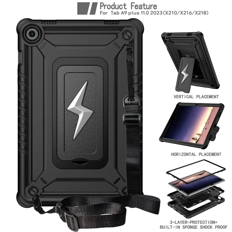 For Samsung Galaxy Tab A9+ Case Kickstand PC + Silicone Tablet Cover with Shoulder Strap - Black