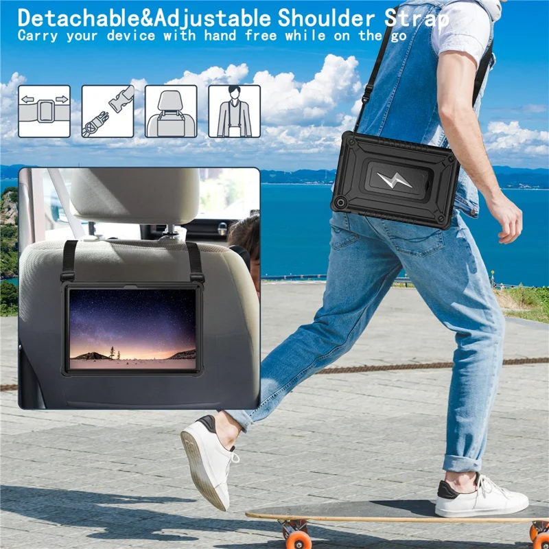 For Samsung Galaxy Tab A9+ Case Kickstand PC + Silicone Tablet Cover with Shoulder Strap - Black