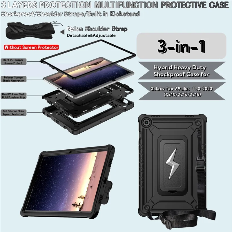 For Samsung Galaxy Tab A9+ Case Kickstand PC + Silicone Tablet Cover with Shoulder Strap - Black
