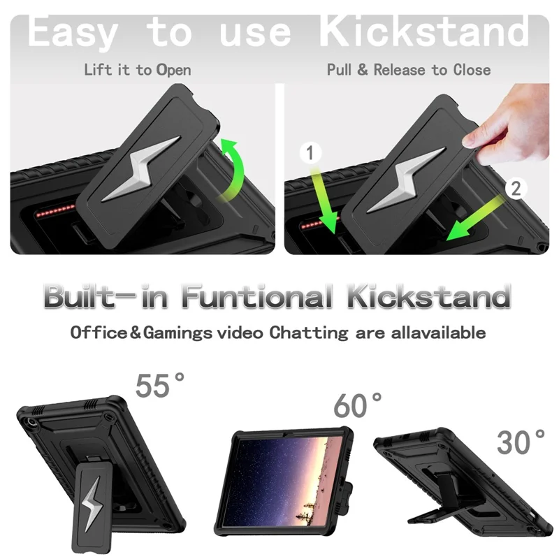 For Samsung Galaxy Tab A9+ Case Kickstand PC + Silicone Tablet Cover with Shoulder Strap - Black