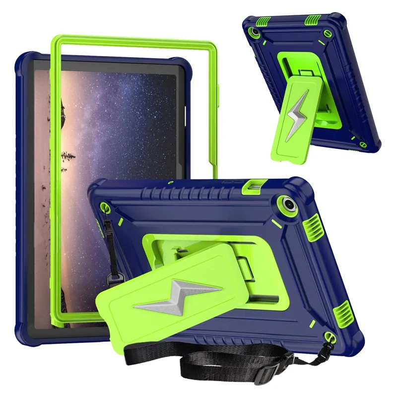 For Samsung Galaxy Tab A9+ Case Kickstand PC + Silicone Tablet Cover with Shoulder Strap - Navy Blue + Yellowgreen