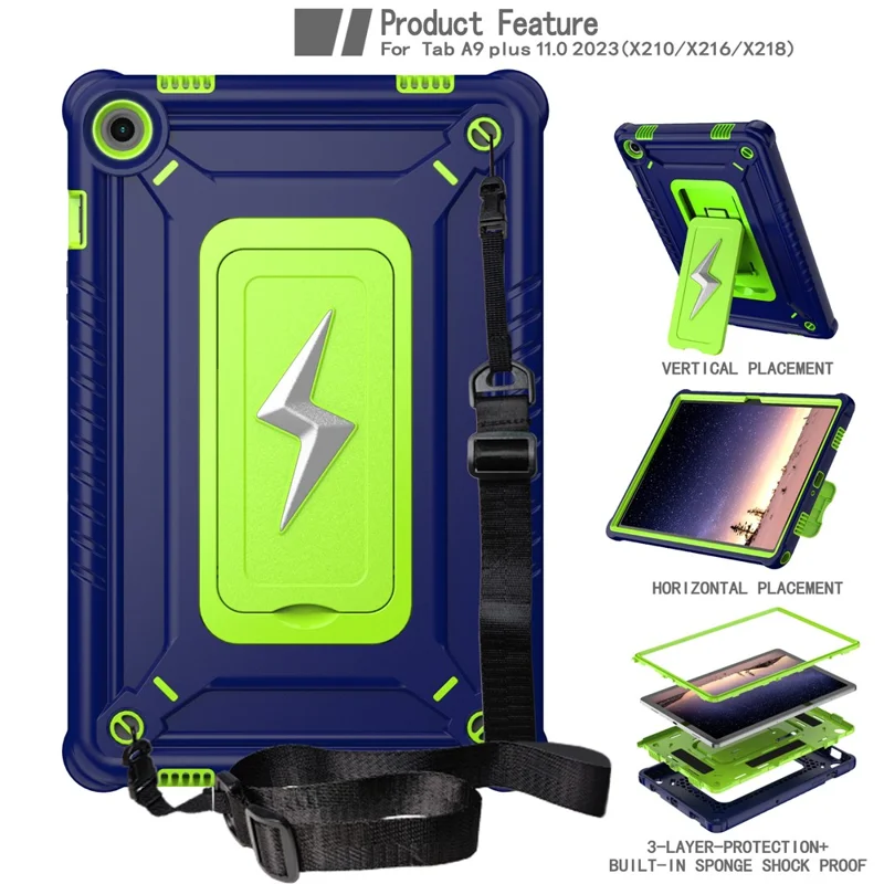 For Samsung Galaxy Tab A9+ Case Kickstand PC + Silicone Tablet Cover with Shoulder Strap - Navy Blue + Yellowgreen