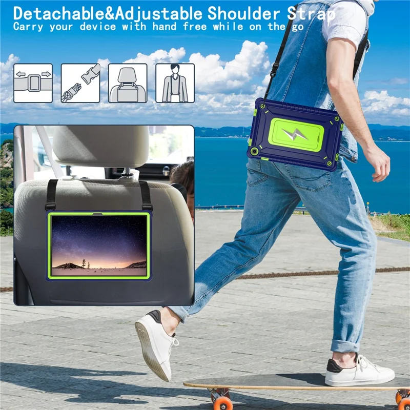 For Samsung Galaxy Tab A9+ Case Kickstand PC + Silicone Tablet Cover with Shoulder Strap - Navy Blue + Yellowgreen