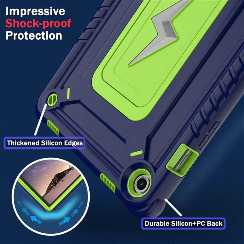 For Samsung Galaxy Tab A9+ Case Kickstand PC + Silicone Tablet Cover with Shoulder Strap - Navy Blue + Yellowgreen