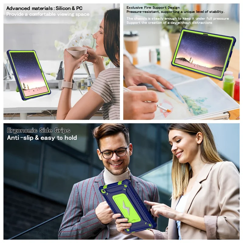 For Samsung Galaxy Tab A9+ Case Kickstand PC + Silicone Tablet Cover with Shoulder Strap - Navy Blue + Yellowgreen