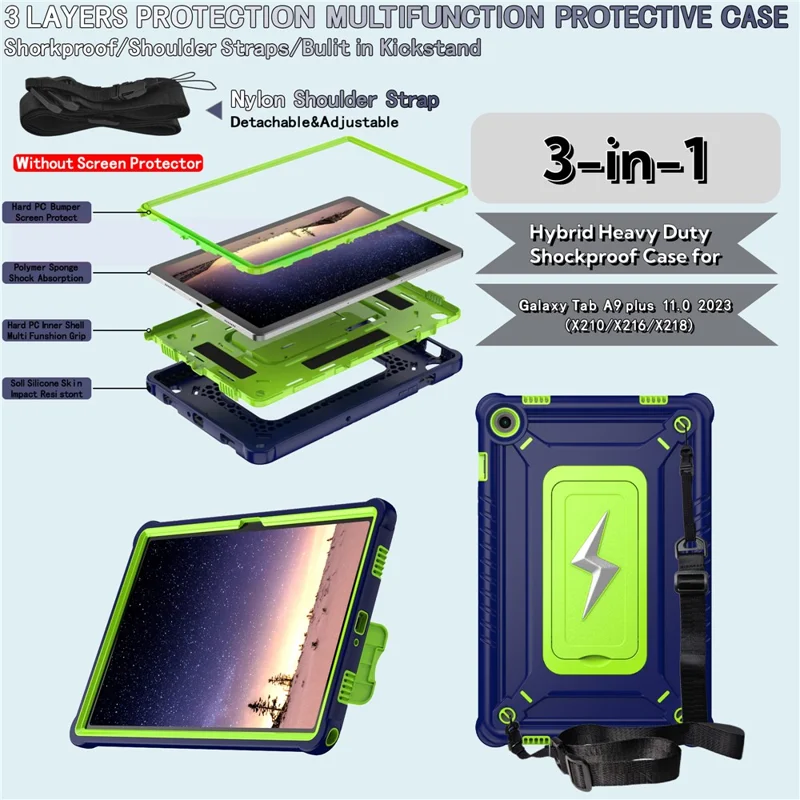For Samsung Galaxy Tab A9+ Case Kickstand PC + Silicone Tablet Cover with Shoulder Strap - Navy Blue + Yellowgreen