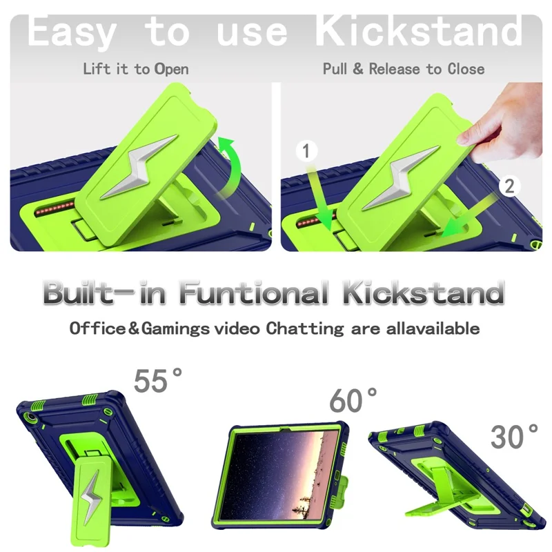 For Samsung Galaxy Tab A9+ Case Kickstand PC + Silicone Tablet Cover with Shoulder Strap - Navy Blue + Yellowgreen