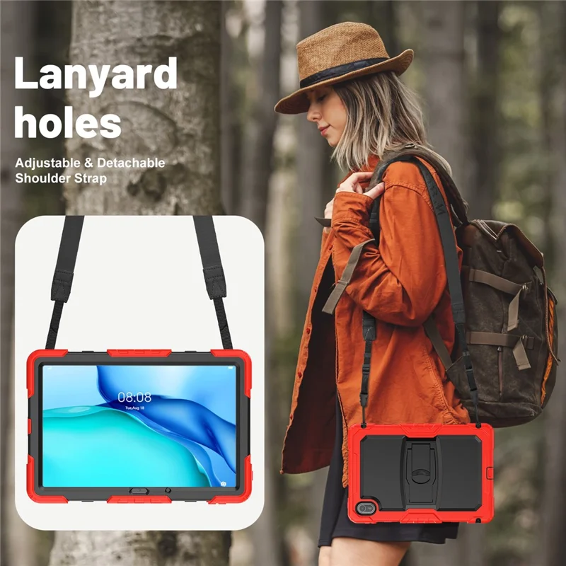 For Huawei MatePad SE 11 Case Kickstand PC + Silicone Shockproof Tablet Cover with Shoulder Strap - Red